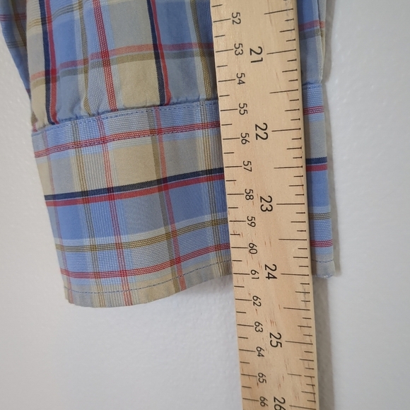 Alan Flusser Shirt Mens XXL Blue and Tan Plaid Casual Buisness Cotton Long - Picture 7 of 7